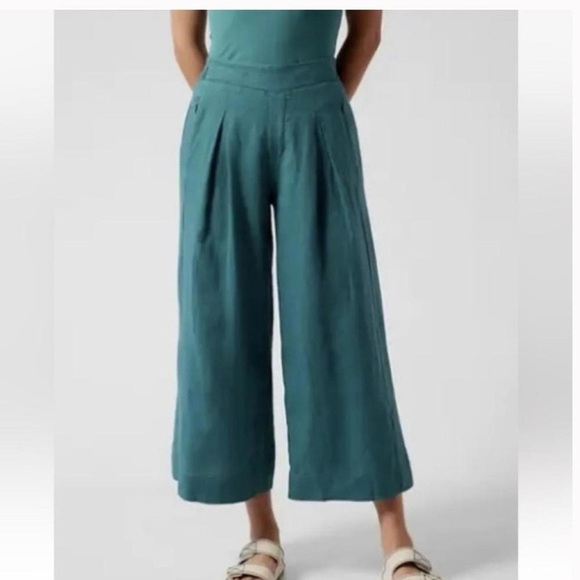 Athleta Playa Linen Wide Crop Borealis Green 100% Linen Zipper Pockets - Picture 2 of 6